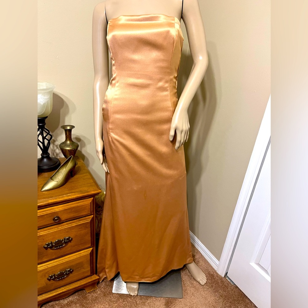 Beautiful custom made Gold Satin Prom Dress.  Strapless and lace up on the sides
